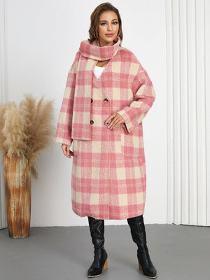 Pink and cream plaid cocoon coat and scarf set with double button closure and pockets