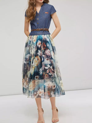 Blue denim button-down midi dress with a patchwork floral chiffon maxi skirt.