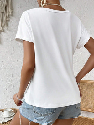 White draped knot front t-shirt with short sleeves and a casual cut.