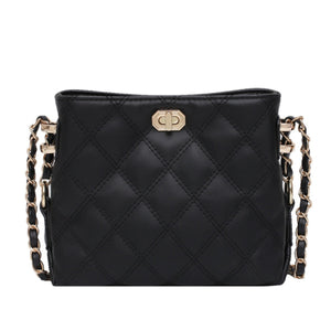Black quilted crossbody bag with diamond pattern and gold chain strap