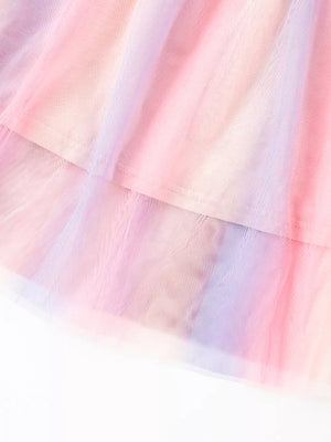 Toddler ballet tulle dress with pastel rainbow ombre and tiered skirt detail.