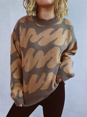 Graphic Wave Knit Sweater in White, Ochre, Yellow, Brown, Green, or Camel.