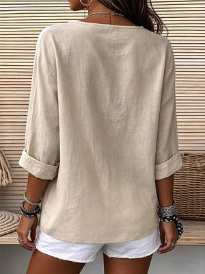 Linen Long-sleeve Top in Orange-red, close-up detail