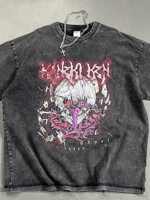 Black acid wash graphic tee with Tokyo Ghoul anime print and distressed details.