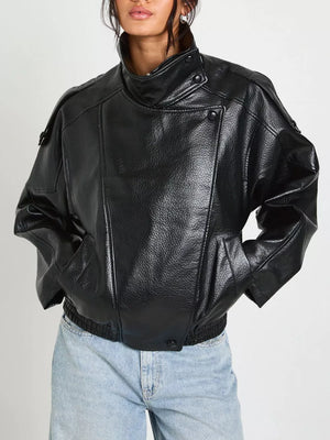 Faux Leather Moto Jacket With Asymmetrical Zip in Black, front view