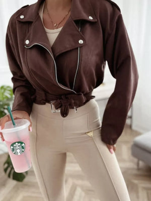 Cropped Biker Jacket With Belt Detail in Black, view 13