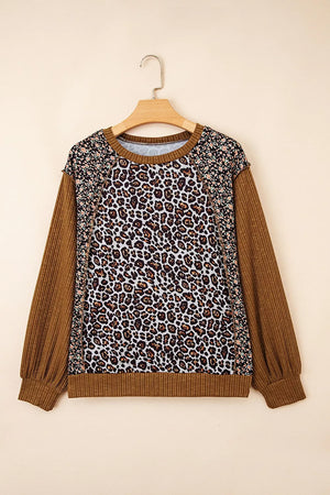 Leopard Floral Print Ribbed Puff Sleeve Sweatshirt in Brown, back view