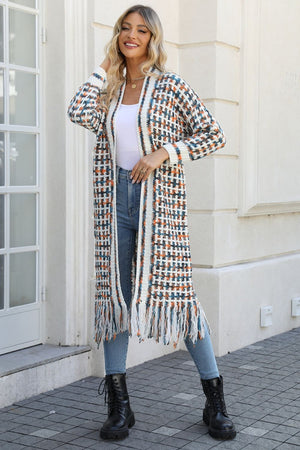 Chromatic crochet maxi cardigan with fringe detail in Multi color.