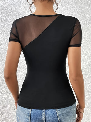Black asymmetric mesh cutout bodysuit with short sleeves and sheer neckline detail.