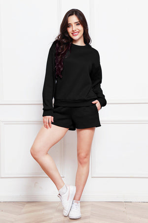Black crewneck sweatshirt and pocket shorts loungewear set