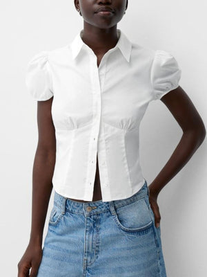 White button up maternity shirt with puff sleeves and gathered waist