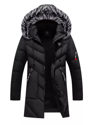 Men's black longline padded puffer jacket with faux fur hood and zip pockets.