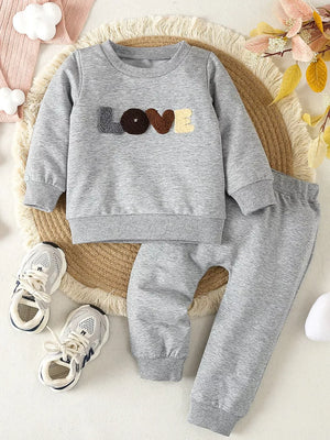 Children's Letter Round Neck Top And Pants Set in Gray, front view
