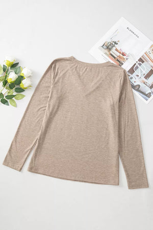Solid Color V Neck Long Sleeve Top in Black, fit detail