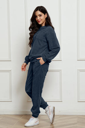 Dark Blue corduroy loungewear set with pocket detail on sweatshirt.
