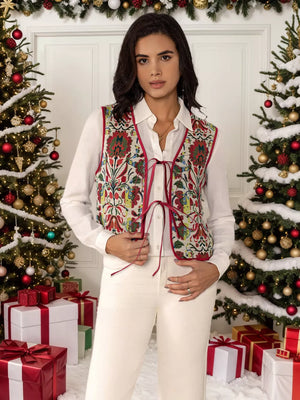 Embroidered tie-front cropped vest coat in deep red with floral pattern.