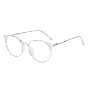 Round clear frame glasses with pink metal temples