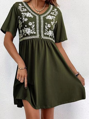 Army green cotton mini dress with white floral embroidery and V-neck