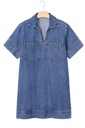 Light blue denim mini dress with collar, V-neck, short sleeves, and two chest pockets.
