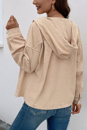 Sand ribbed corduroy button-up hoodie jacket with a relaxed fit and button cuffs.