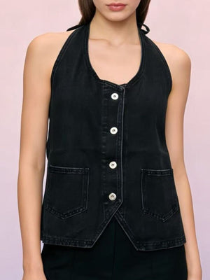 Black denim halter vest with button-down front and two chest pockets.