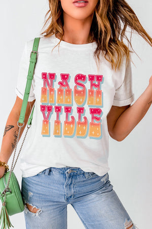 White t-shirt with gradient "Nashville" typography and star accents