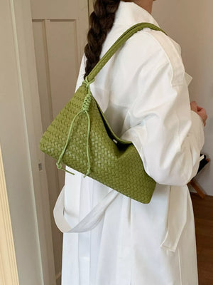 Woven Leather Shoulder Bag in Yellow, model styling view