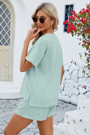 Light green waffle knit henley short set with side slits on top