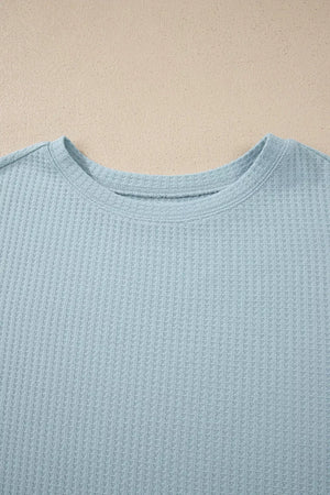 Light blue waffle knit maternity overshirt with crew neck