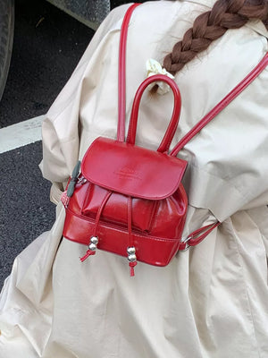 Pu Leather Mini Backpack Bag in Red, close-up detail