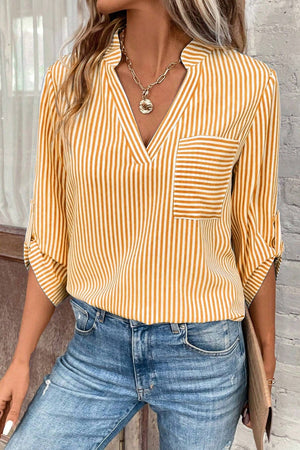Gold vertical stripe V-neck blouse with a chest pocket and roll-tab sleeves.