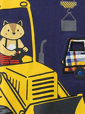 Boys' navy cotton tee with construction vehicle and animal graphic.