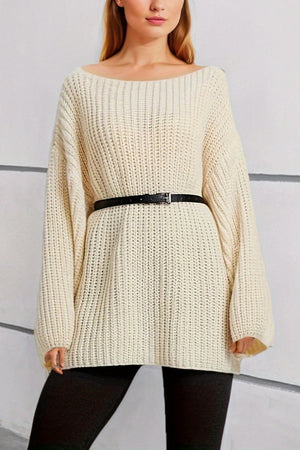 Cream ribbed knit oversized belted mini dress with boat neck and long sleeves.
