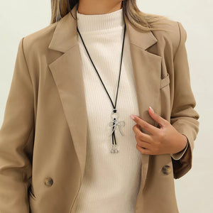 Elegant Bow Pendant Faux Leather Necklace in Silver, front view
