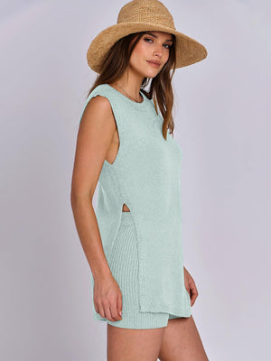 Textured knit tank and shorts set in Tiffany Blue with side slits