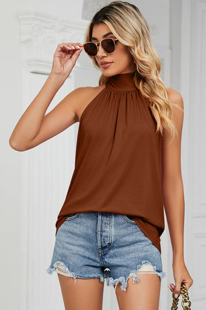 Caramel high neck halter tank top with gathered neckline detail