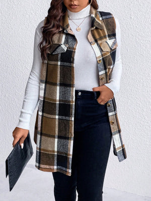 Oversized plaid shirt vest in brown, black, and camel with button front and pockets.