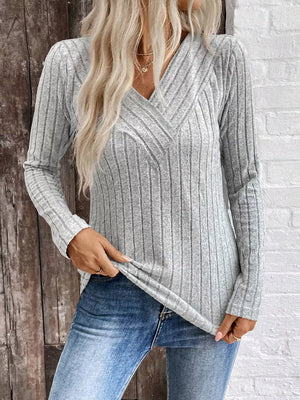 Ribbed V-neck Long Sleeve T-shirt in Grey, side view