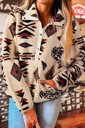 Aztec Print Fleece Snap Down Sweatshirt in Black, back view