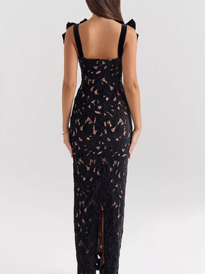 Black floral lace maxi dress with tie shoulder straps and a thigh-high slit.