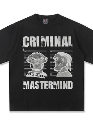 Black cotton t-shirt with oversized fit and bold graphic print of "CRIMINAL MASTERMIND" mugshot.