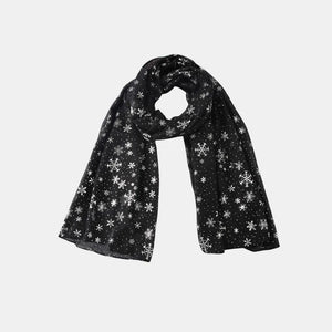 Black scarf with silver snowflake print