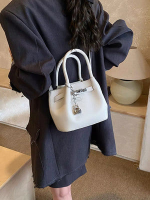 Leather Crossbody Bag With Lock Detail in White, front view