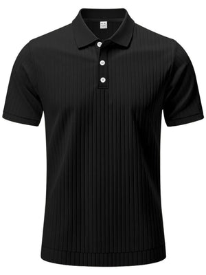 Black ribbed polo shirt with short sleeves and white buttons