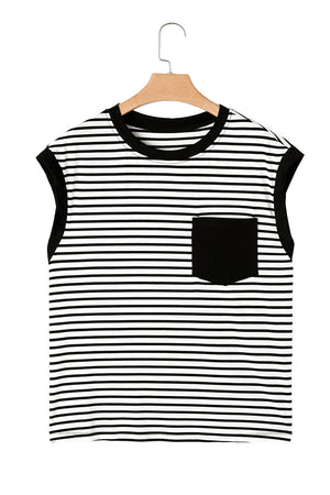 Black and white striped t-shirt with black trim and a chest pocket.