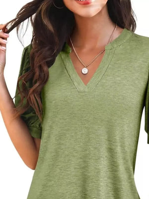 Matcha green t-shirt with puff sleeves and notched V-neck, a casual women's top.