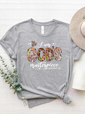 Light Gray t-shirt with floral typography graphic that reads "I am GOD's masterpiece".