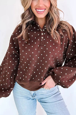 Polka Dot Metal Button Collar Sweatshirt in Blush Pink, model styling view