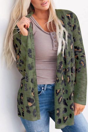 Army green leopard print open-front knit cardigan with long sleeves.