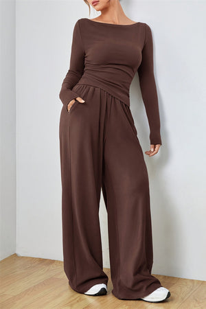 Dark Brown boat neck loungewear set with wide leg pants and long sleeves.